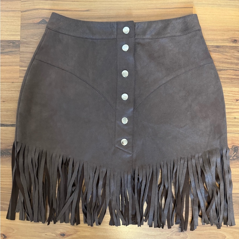 Brown Faux Suede Fringe Mini Skirt Western Festival Boho Size Small